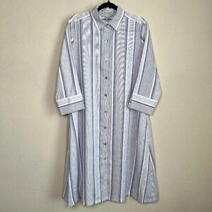 Hinson Wu Tamron 3/4 Sleeve Linen Variegated Stripes Dress Blue White Medium
